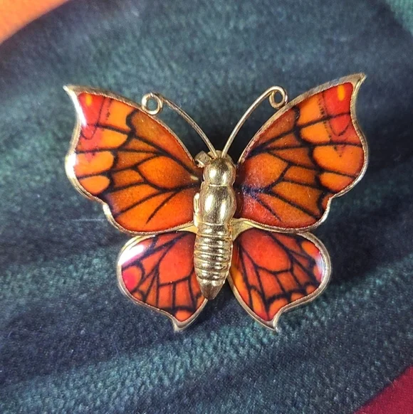 Vintage gold tone enamel orange black butterfly brooch pin / necklace pe… - Picture 5 of 17